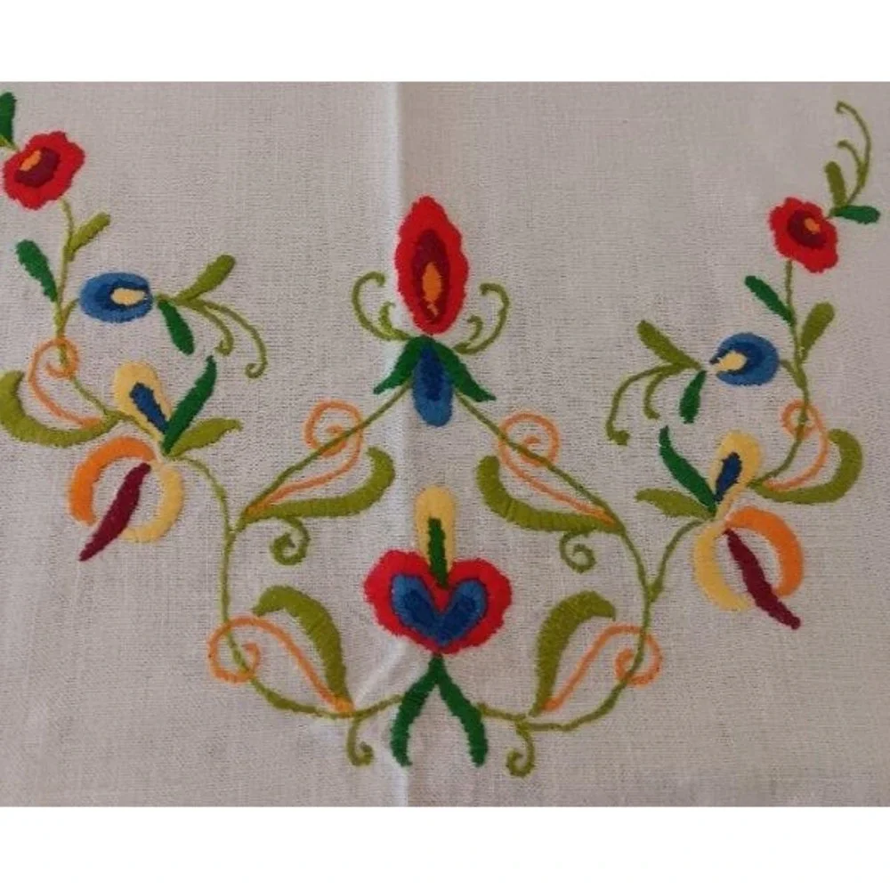 Large Vintage Norwegian Embroidered Tablecloth Linen Red Blue Swedish Floral 62" - Picture 4 of 6